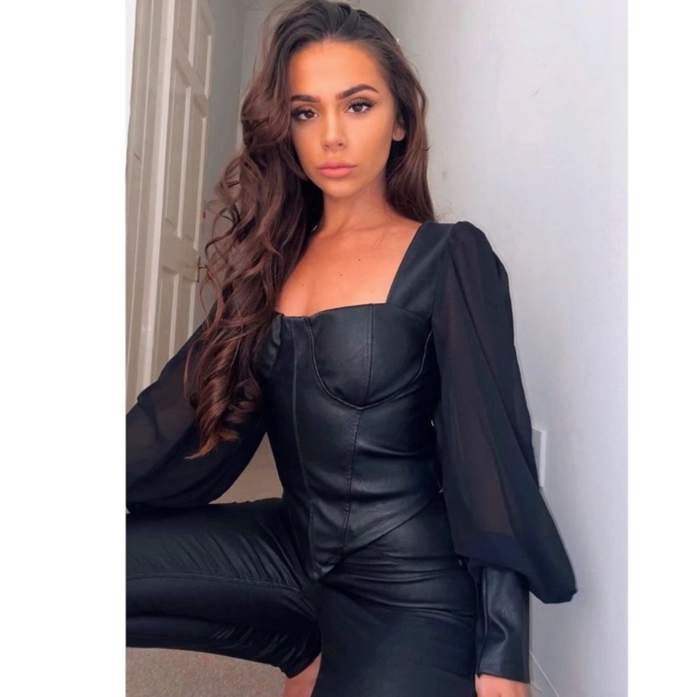 Black Vegan Leather Faux Leather Long Sleeve Bustier Top - Picture 9 of 10